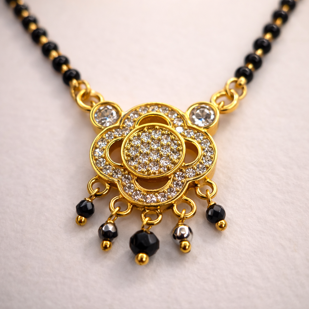 Floral Drop Short Mangalsutra with Crystal Detailing – Modern Black Bead Gold Finish Daily Wear Necklace