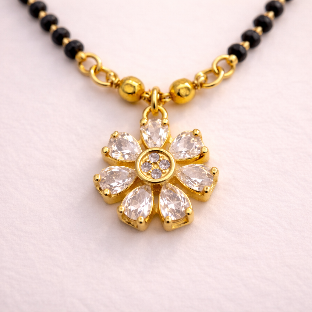 Crystal Flower Short Mangalsutra with Gold Finish – Modern Black Bead Daily Wear Necklace