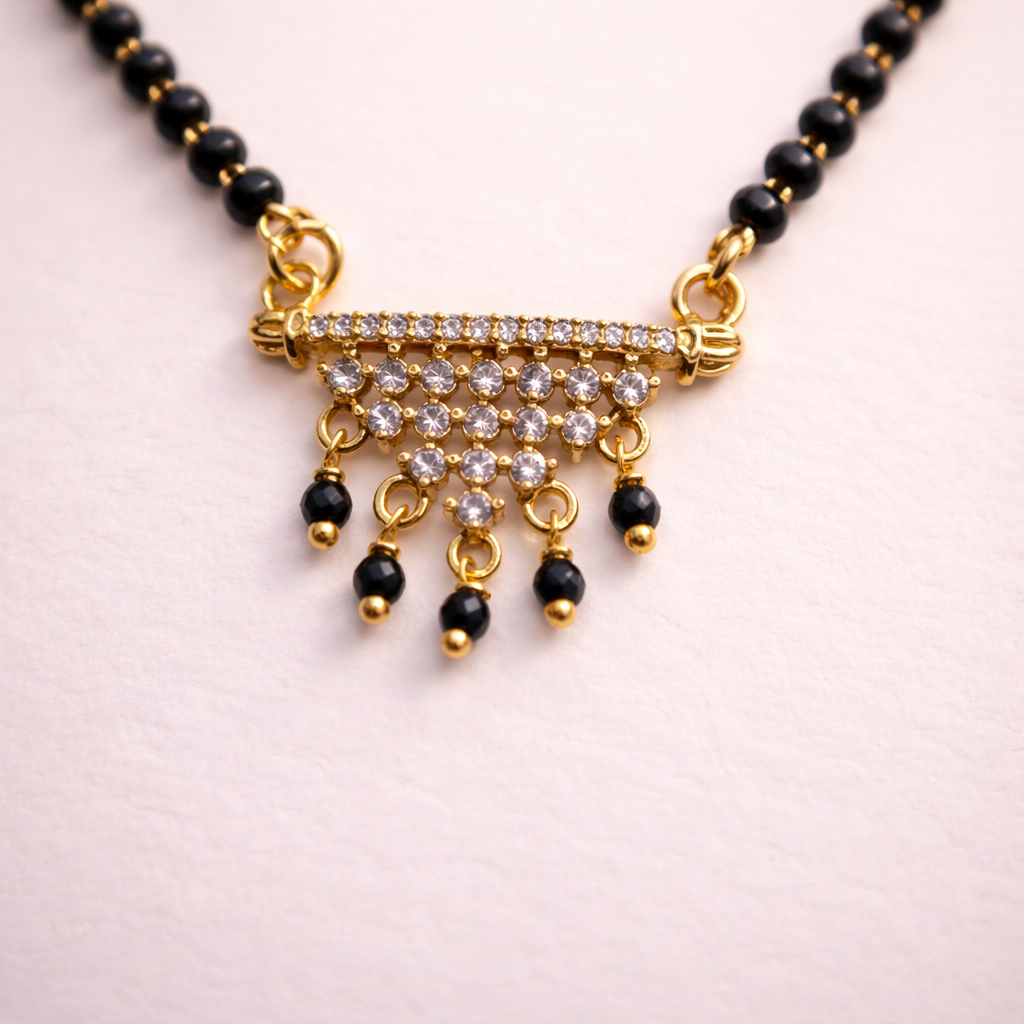 Crystal Bar Short Mangalsutra with Dangling Beads – Modern Black Bead Gold Finish Daily Wear Necklace