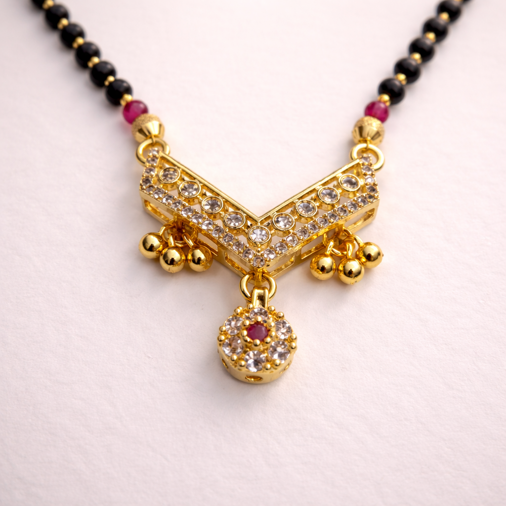 V-Shaped Crystal Short Mangalsutra with Gold Bead Drops – Elegant Black Bead Daily Wear Necklace