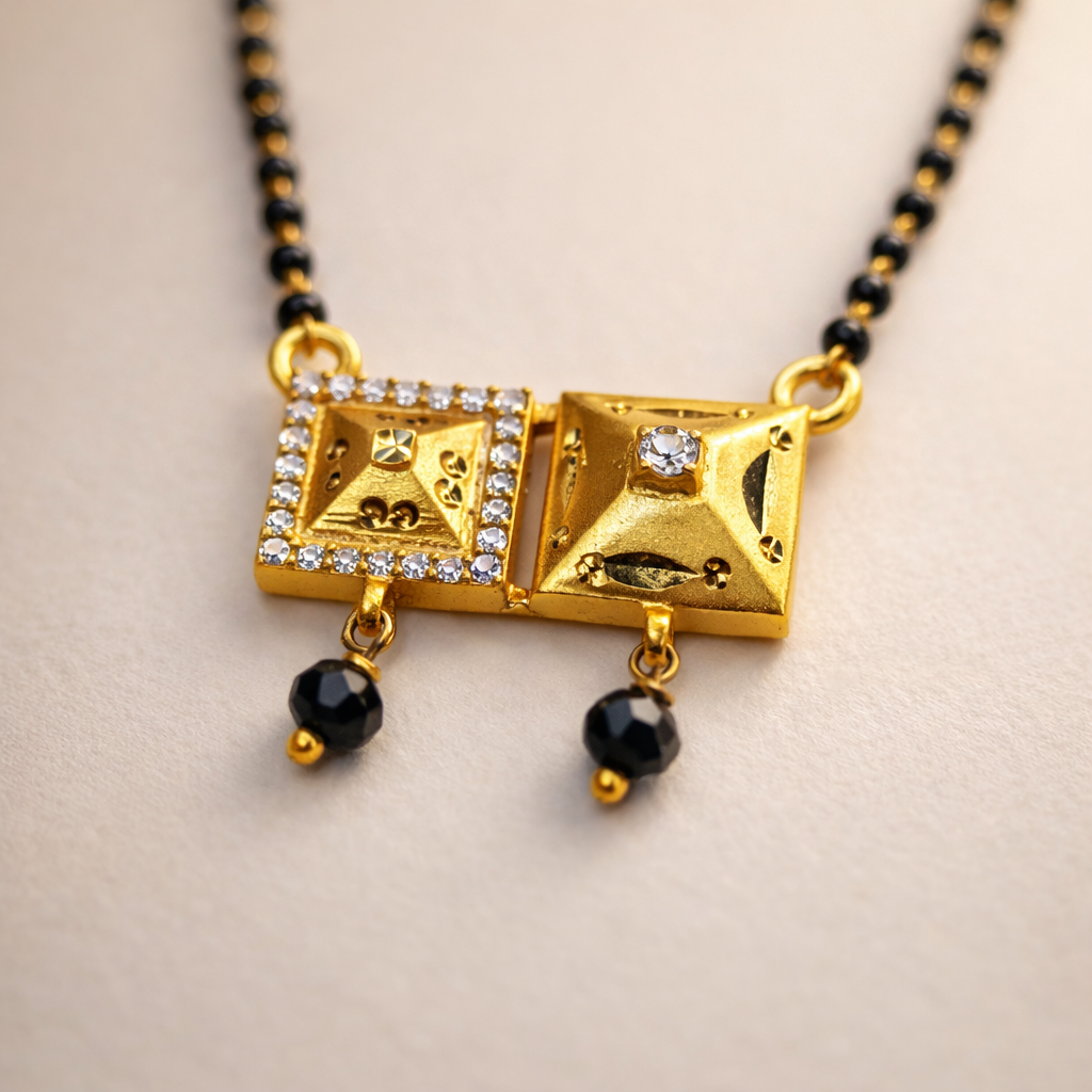 Square Twin Pendant Short Mangalsutra with Crystal Accents – Modern Black Bead Gold Finish Daily Wear Necklace