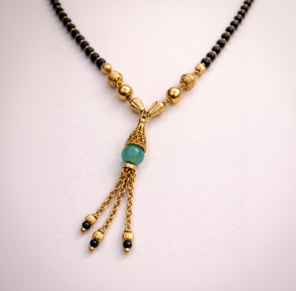 Minimal Gold Finish Short Mangalsutra with Black Beads & Green Tassel Pendant – Daily Wear Modern Mangalsutra Necklace