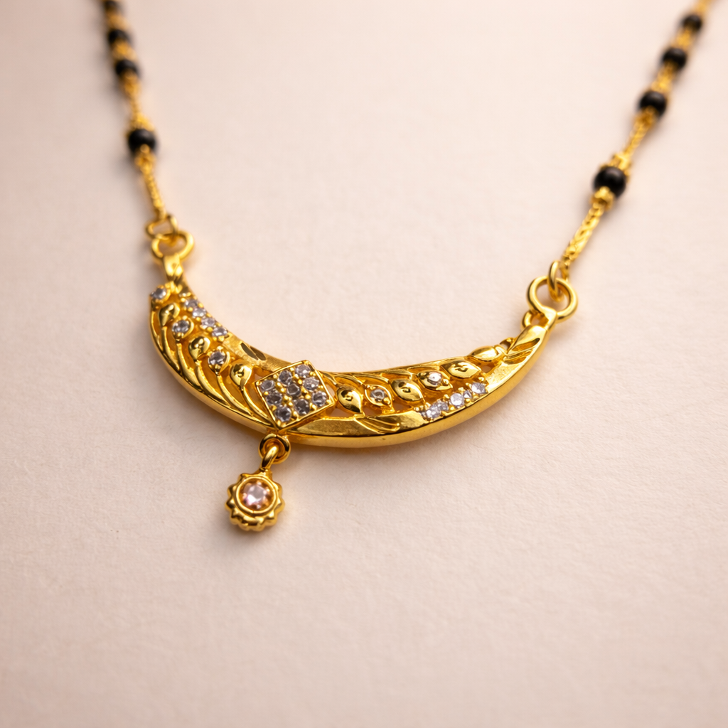 Curved Bar Short Mangalsutra with Crystal Detailing – Modern Black Bead Gold Finish Daily Wear Necklace