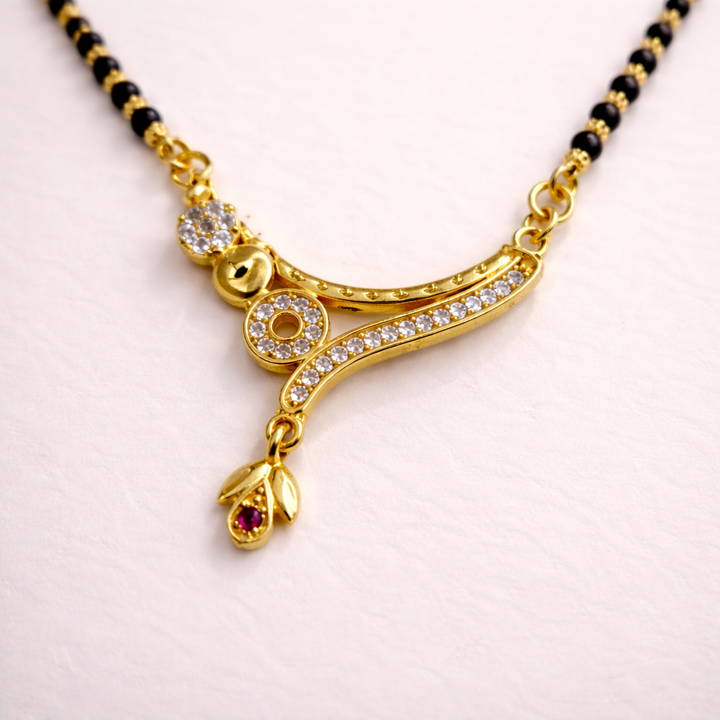 Curved Drop Short Mangalsutra with Crystal Accents – Modern Black Bead Gold Finish Daily Wear Necklace