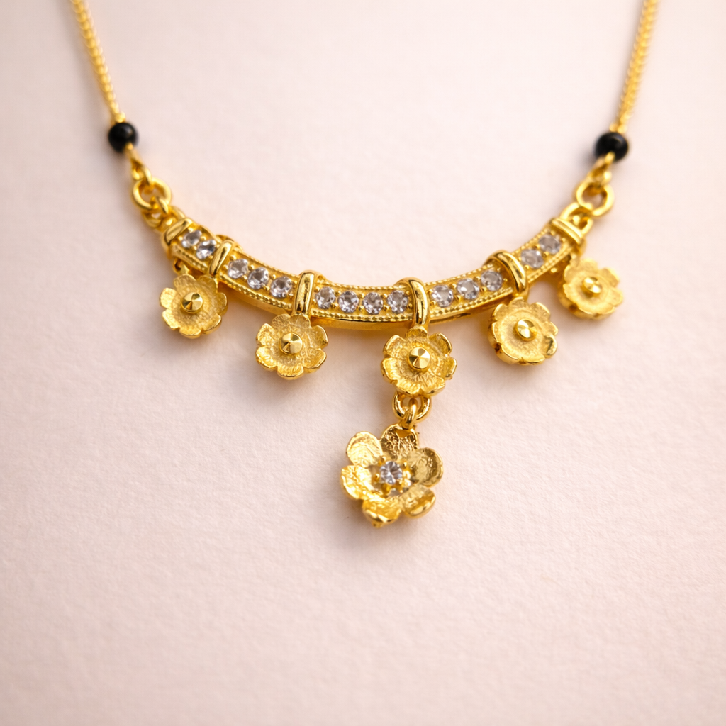 Floral Drop Short Mangalsutra with Gold Finish – Modern Black Bead Daily Wear Necklace