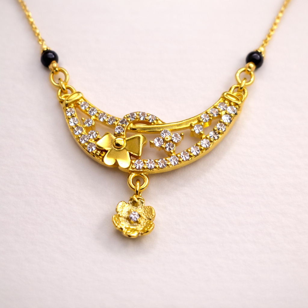Elegant Short Mangalsutra with Curved Gold Pendant & Crystal Detailing – Modern Black Bead Daily Wear Necklace