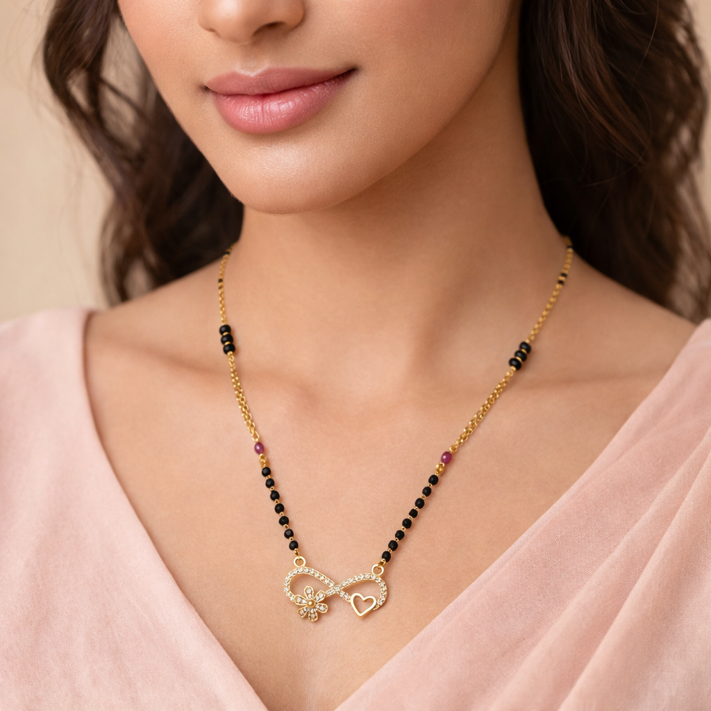 Infinity Heart Short Mangalsutra with Crystal Studded Pendant – Modern Black Bead Gold Finish Daily Wear Necklace