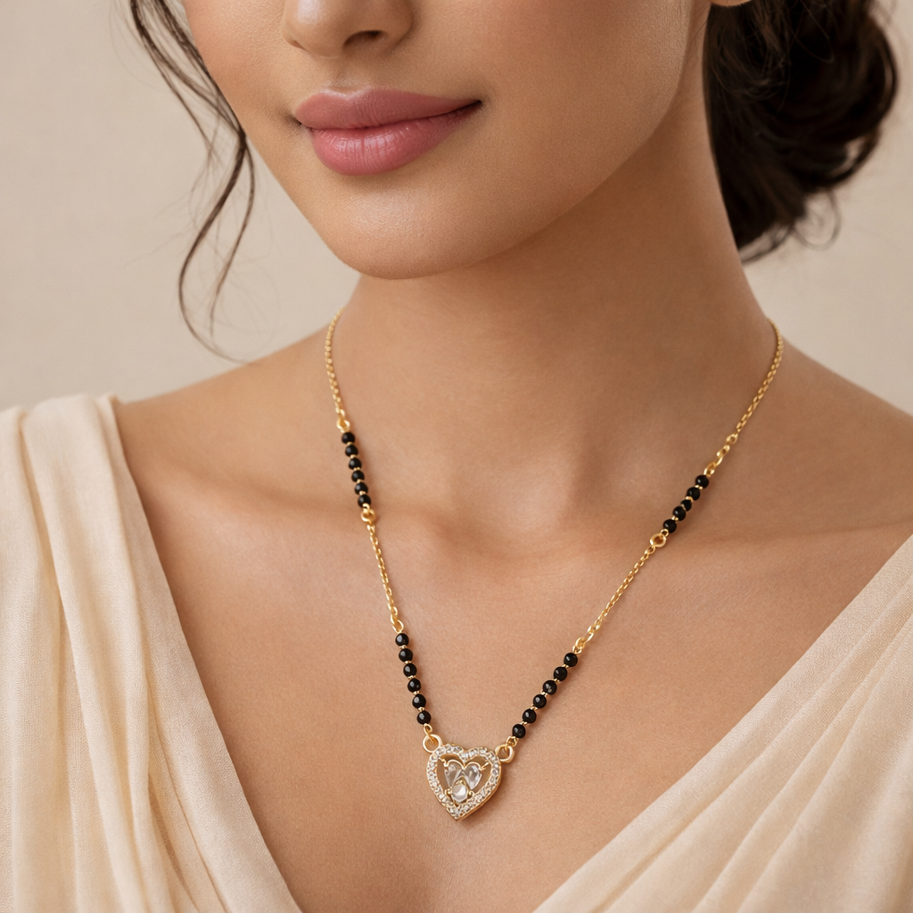 Crystal Heart Short Mangalsutra with Gold Finish – Modern Black Bead Daily Wear Necklace