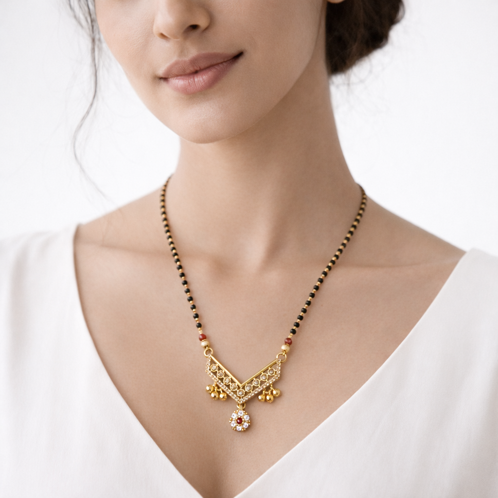 V-Shaped Crystal Short Mangalsutra with Gold Bead Drops – Elegant Black Bead Daily Wear Necklace