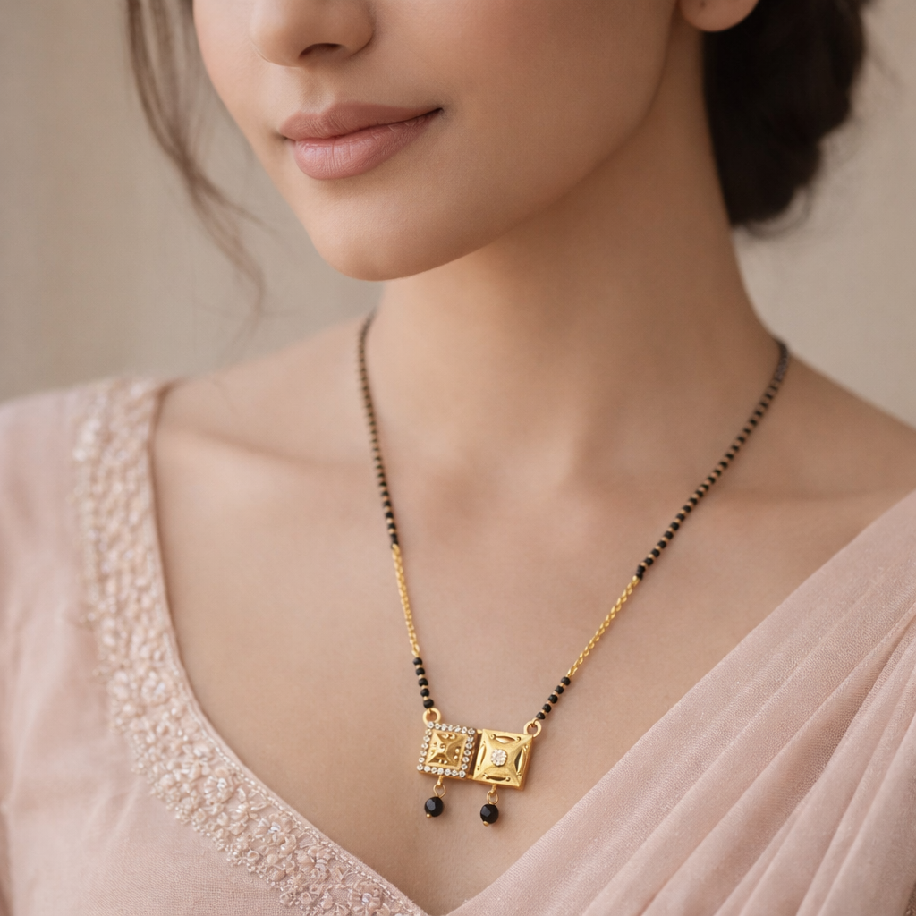 Square Twin Pendant Short Mangalsutra with Crystal Accents – Modern Black Bead Gold Finish Daily Wear Necklace