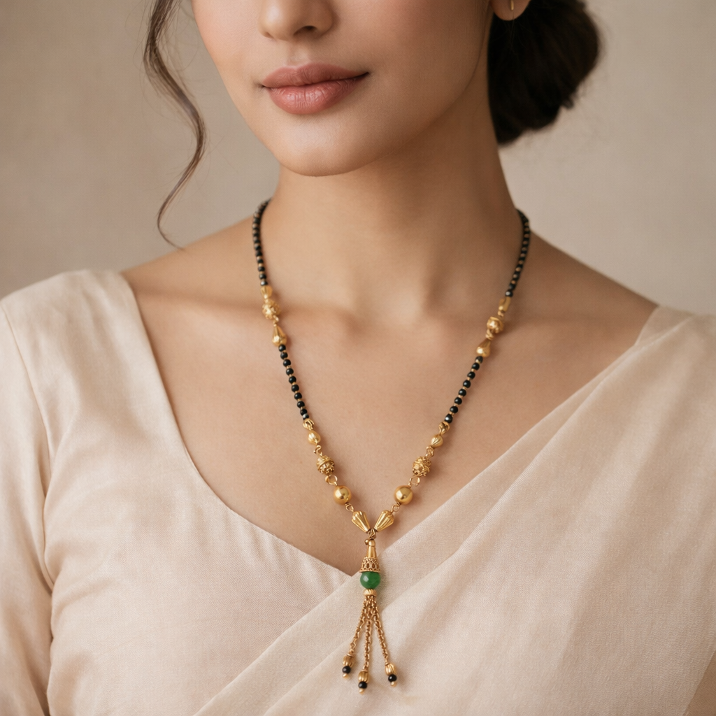 Minimal Gold Finish Short Mangalsutra with Black Beads & Green Tassel Pendant – Daily Wear Modern Mangalsutra Necklace