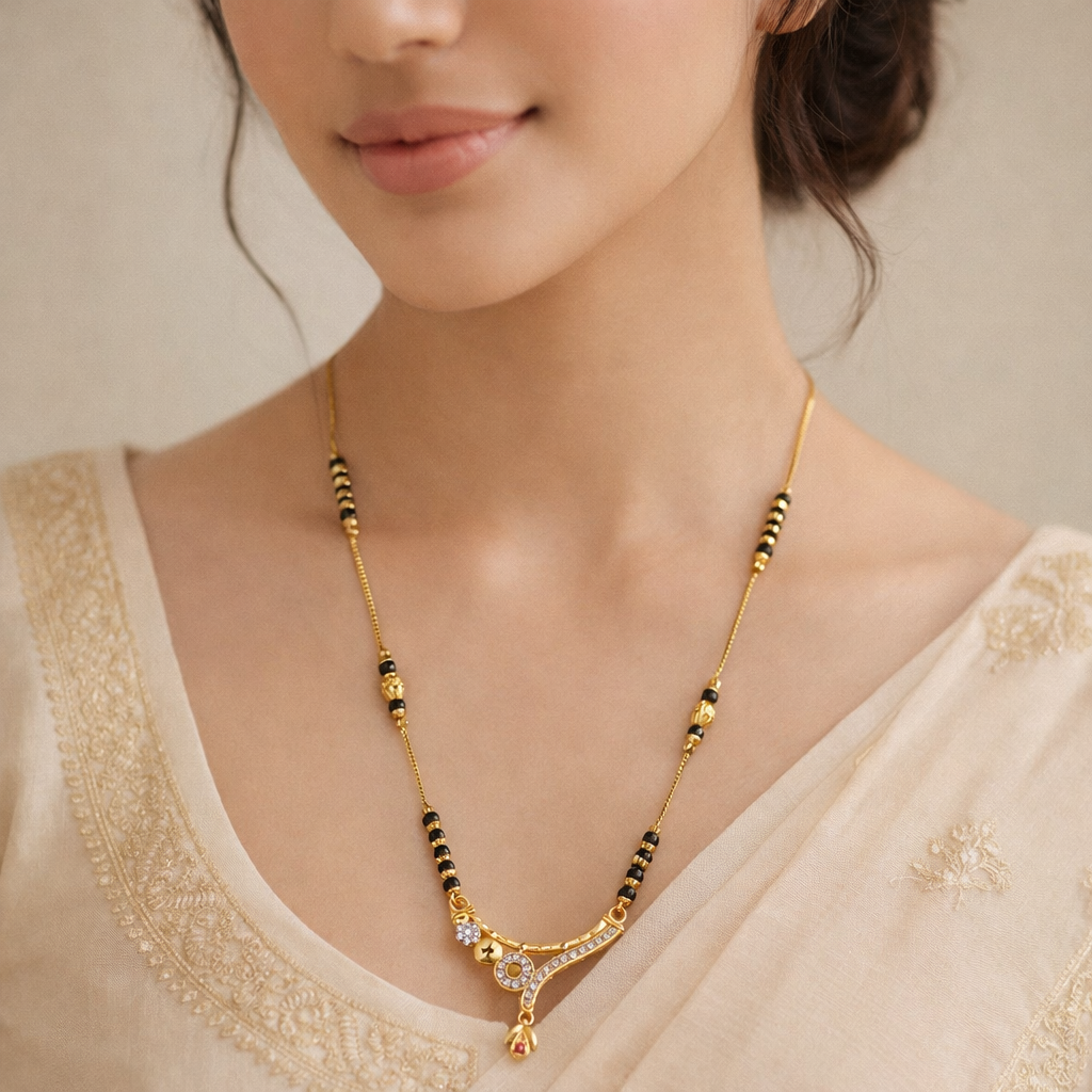 Curved Drop Short Mangalsutra with Crystal Accents – Modern Black Bead Gold Finish Daily Wear Necklace