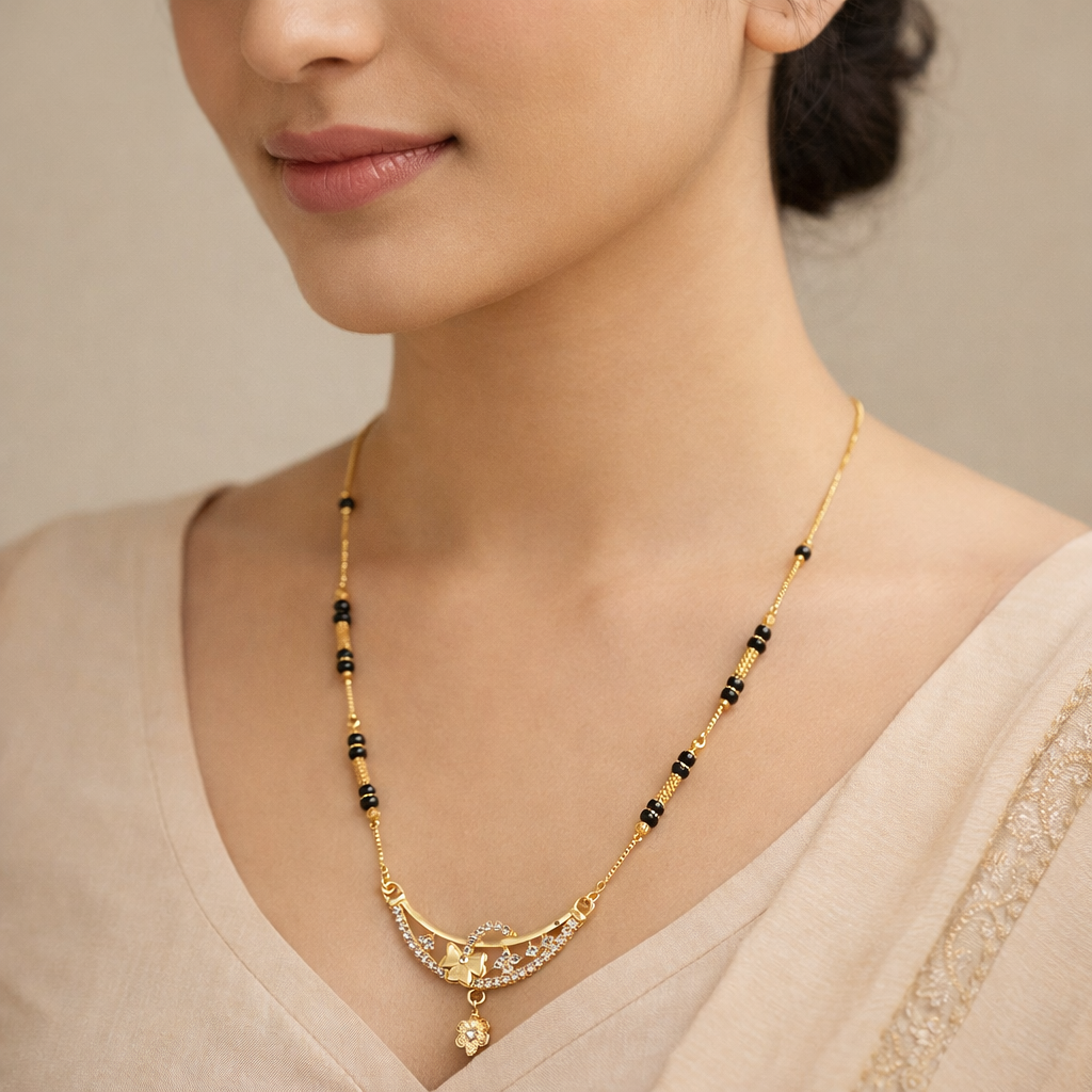 Elegant Short Mangalsutra with Curved Gold Pendant & Crystal Detailing – Modern Black Bead Daily Wear Necklace