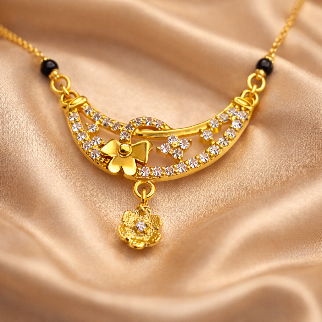 Elegant Short Mangalsutra with Curved Gold Pendant & Crystal Detailing – Modern Black Bead Daily Wear Necklace