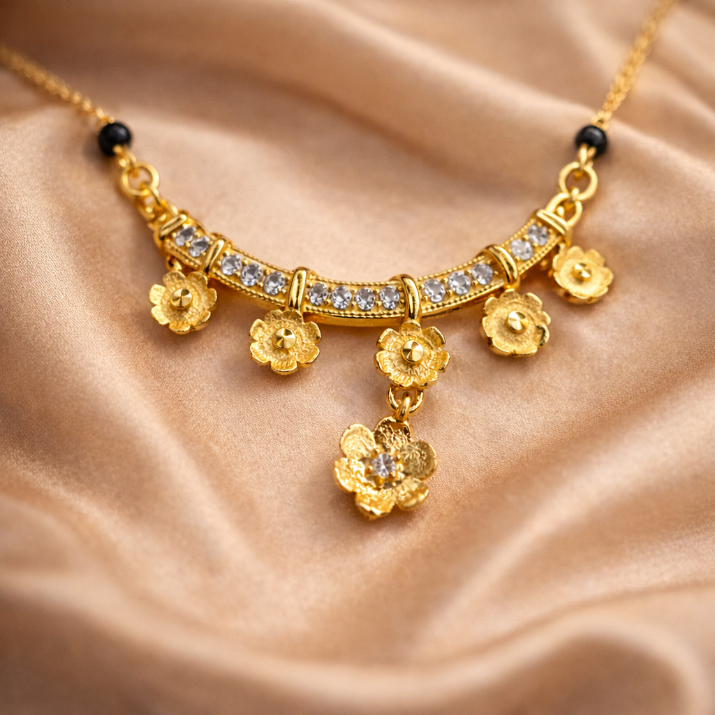 Floral Drop Short Mangalsutra with Gold Finish – Modern Black Bead Daily Wear Necklace