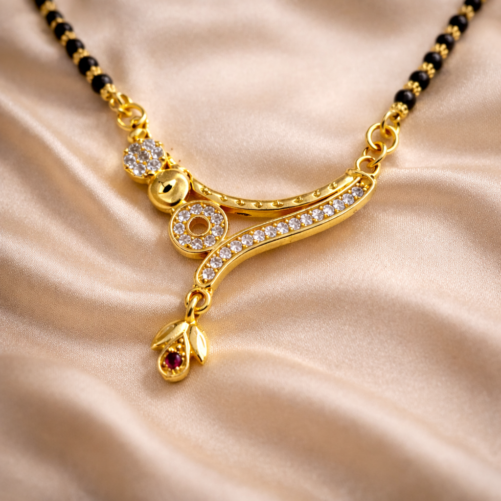 Curved Drop Short Mangalsutra with Crystal Accents – Modern Black Bead Gold Finish Daily Wear Necklace