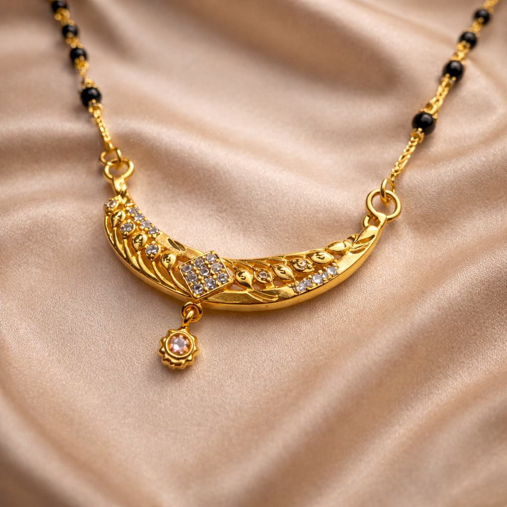 Curved Bar Short Mangalsutra with Crystal Detailing – Modern Black Bead Gold Finish Daily Wear Necklace