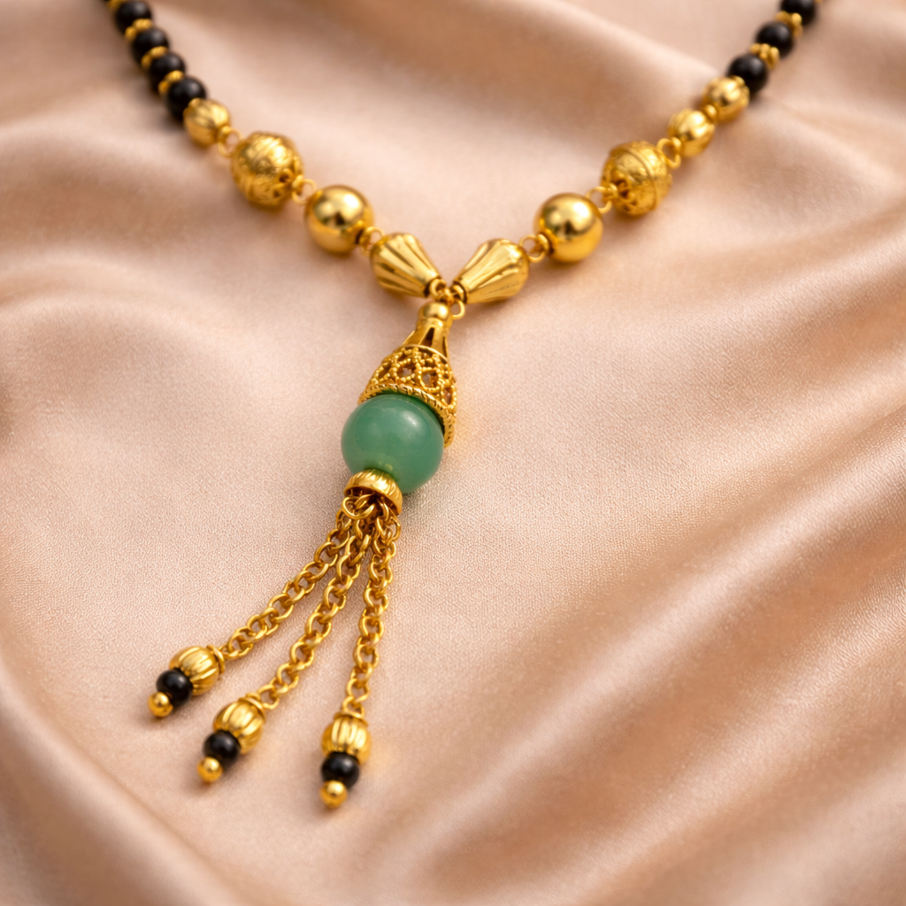 Minimal Gold Finish Short Mangalsutra with Black Beads & Green Tassel Pendant – Daily Wear Modern Mangalsutra Necklace