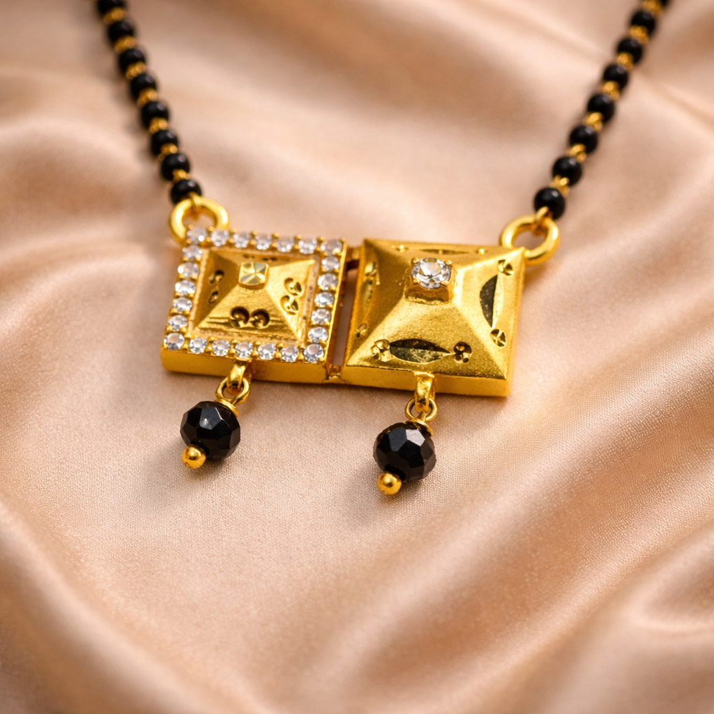 Square Twin Pendant Short Mangalsutra with Crystal Accents – Modern Black Bead Gold Finish Daily Wear Necklace