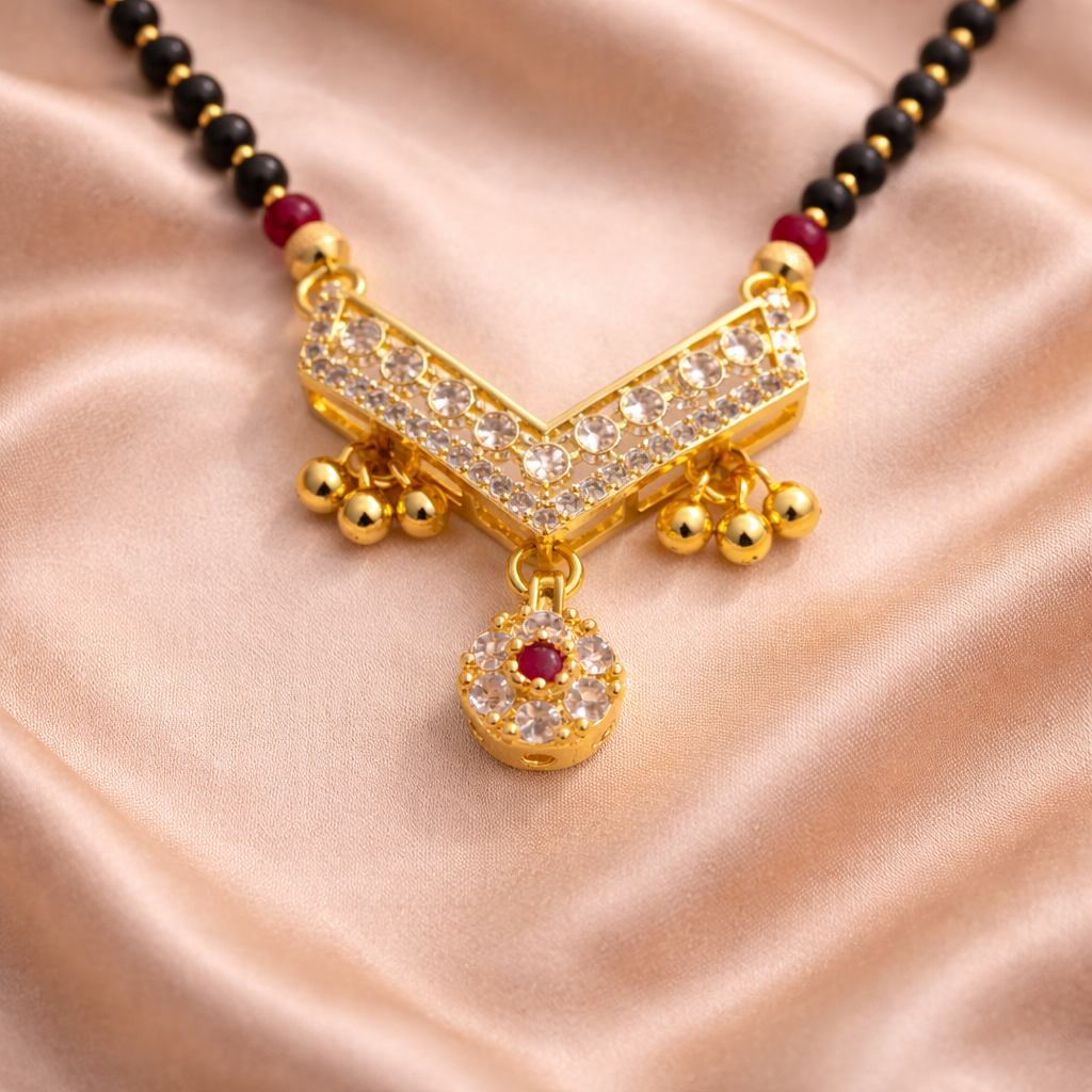 V-Shaped Crystal Short Mangalsutra with Gold Bead Drops – Elegant Black Bead Daily Wear Necklace