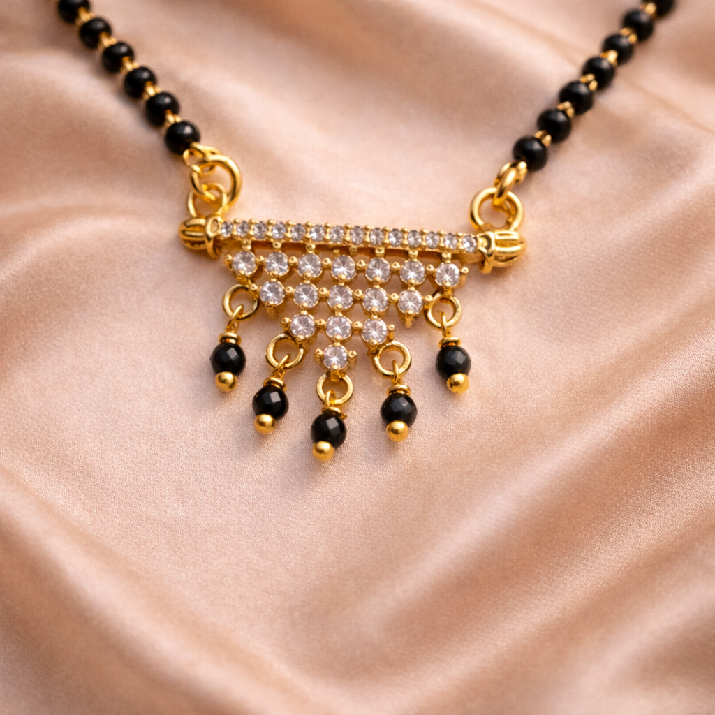 Crystal Bar Short Mangalsutra with Dangling Beads – Modern Black Bead Gold Finish Daily Wear Necklace