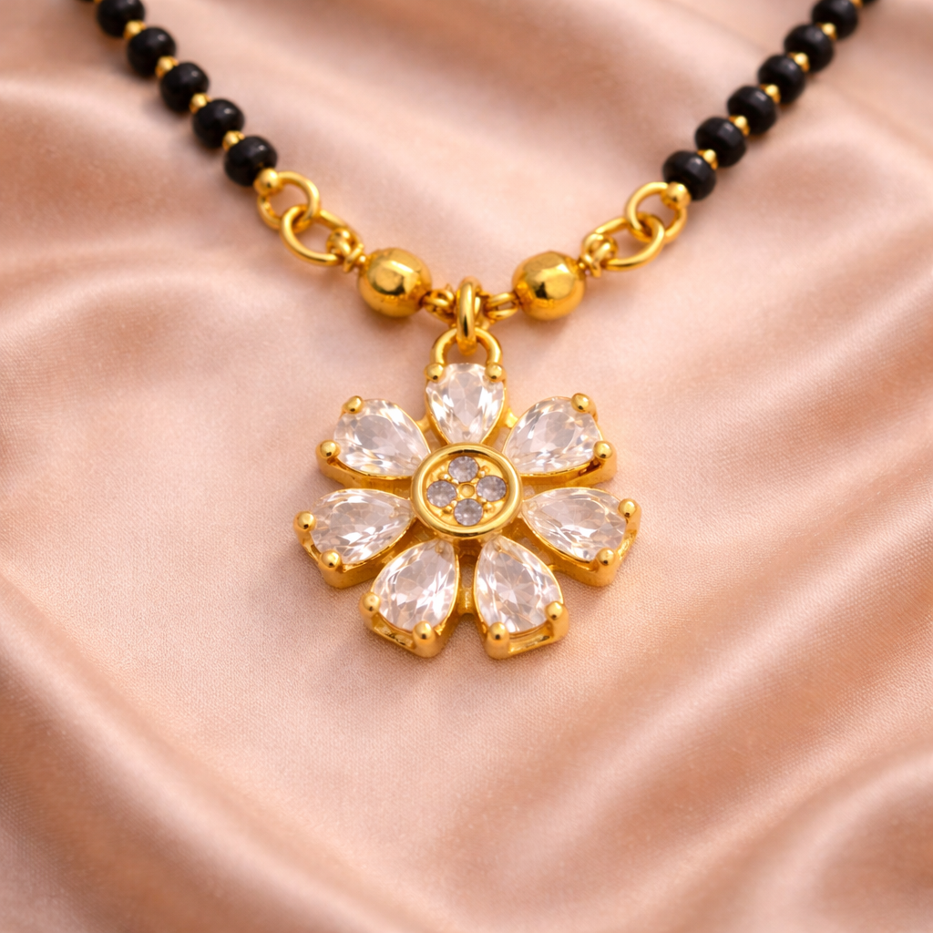 Crystal Flower Short Mangalsutra with Gold Finish – Modern Black Bead Daily Wear Necklace