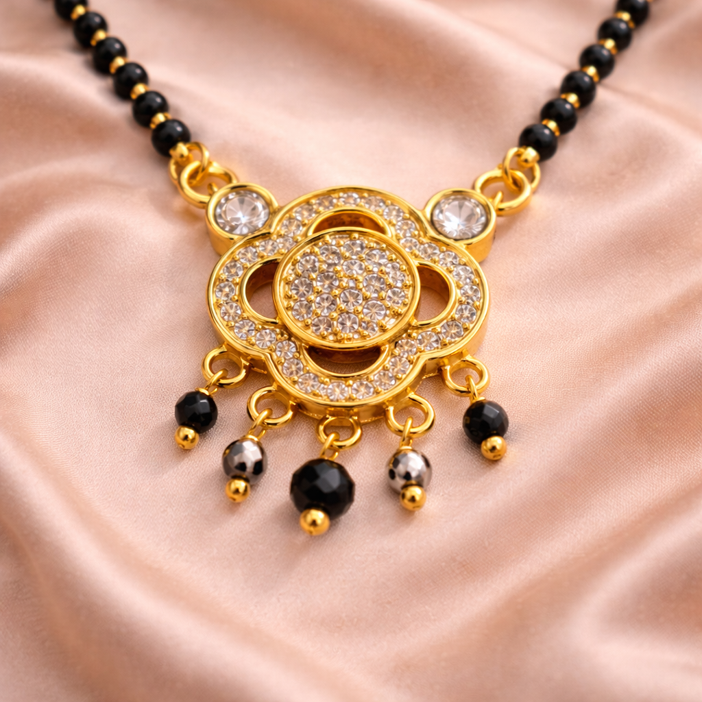 Floral Drop Short Mangalsutra with Crystal Detailing – Modern Black Bead Gold Finish Daily Wear Necklace