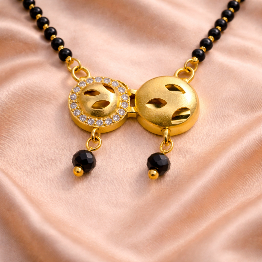 Twin Gold Bead Short Mangalsutra with Crystal Accent – Modern Black Bead Daily Wear Necklace