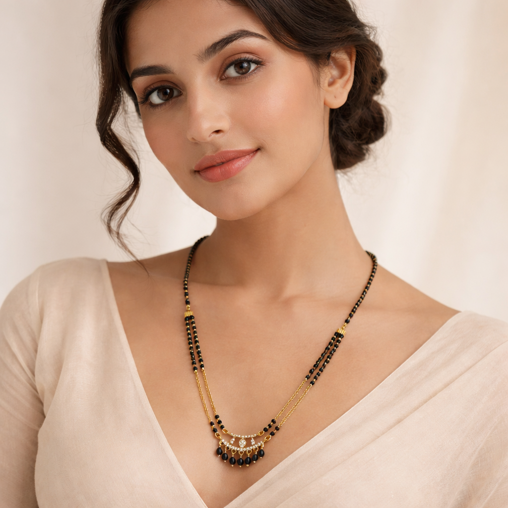 Modern Short Mangalsutra Necklace with Dual Black Beads & Curved Crystal Pendant – Elegant Daily Wear Gold Finish Design