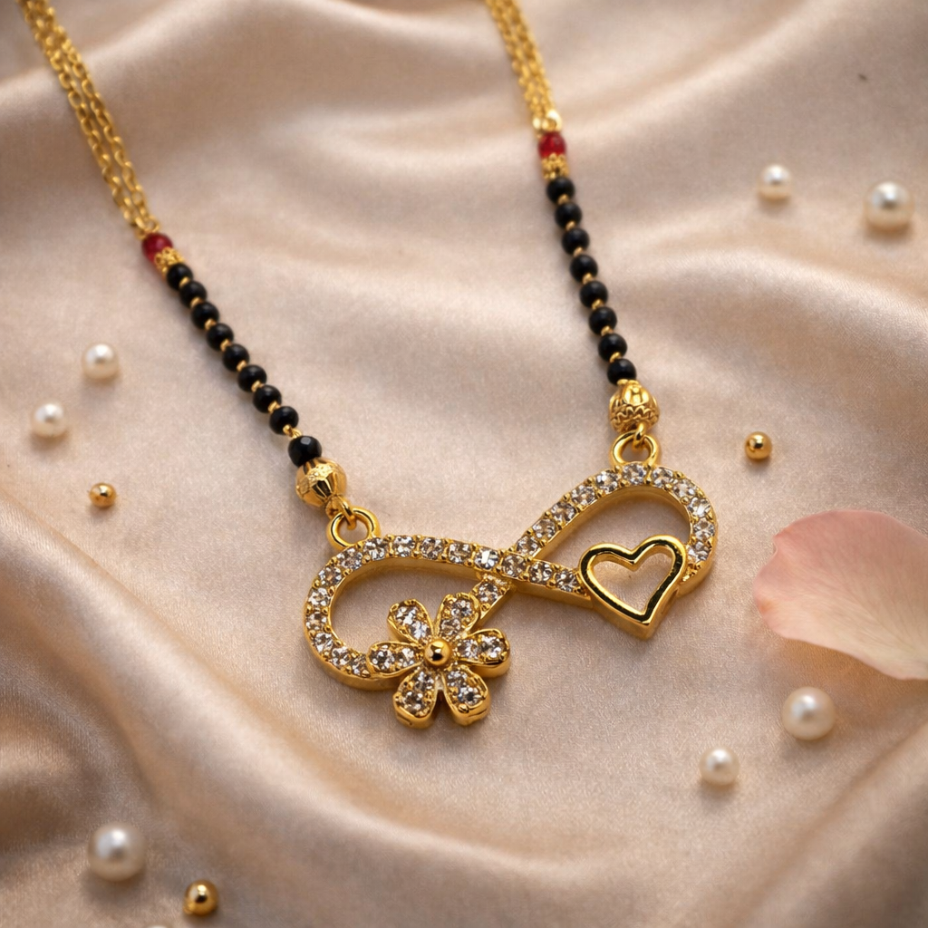 Infinity Heart Short Mangalsutra with Crystal Studded Pendant – Modern Black Bead Gold Finish Daily Wear Necklace