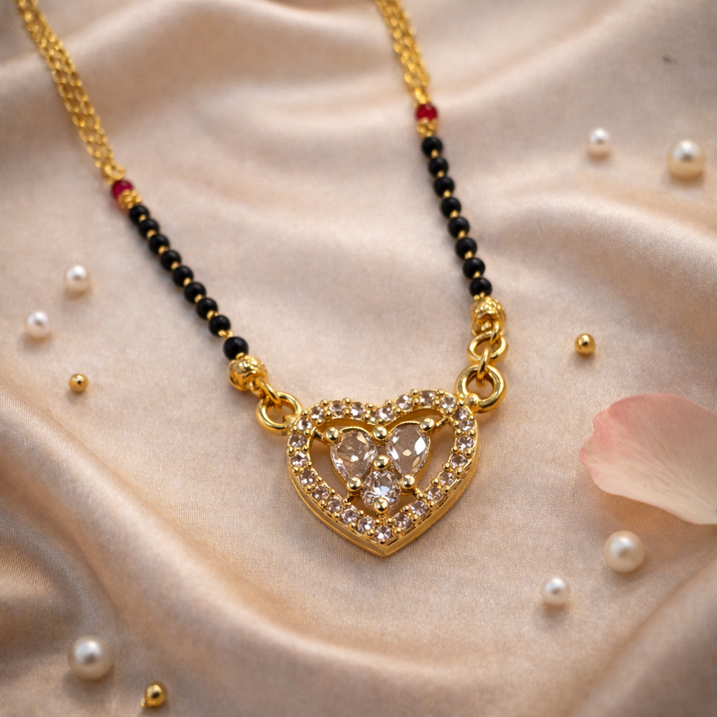 Crystal Heart Short Mangalsutra with Gold Finish – Modern Black Bead Daily Wear Necklace