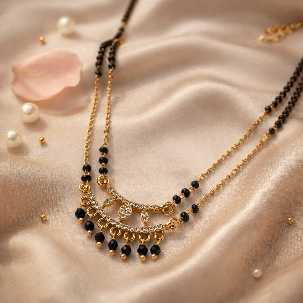 Modern Short Mangalsutra Necklace with Dual Black Beads & Curved Crystal Pendant – Elegant Daily Wear Gold Finish Design