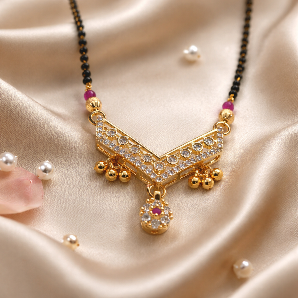 V-Shaped Crystal Short Mangalsutra with Gold Bead Drops – Elegant Black Bead Daily Wear Necklace