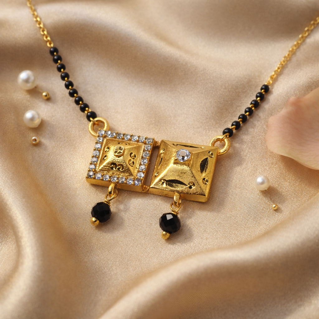 Square Twin Pendant Short Mangalsutra with Crystal Accents – Modern Black Bead Gold Finish Daily Wear Necklace