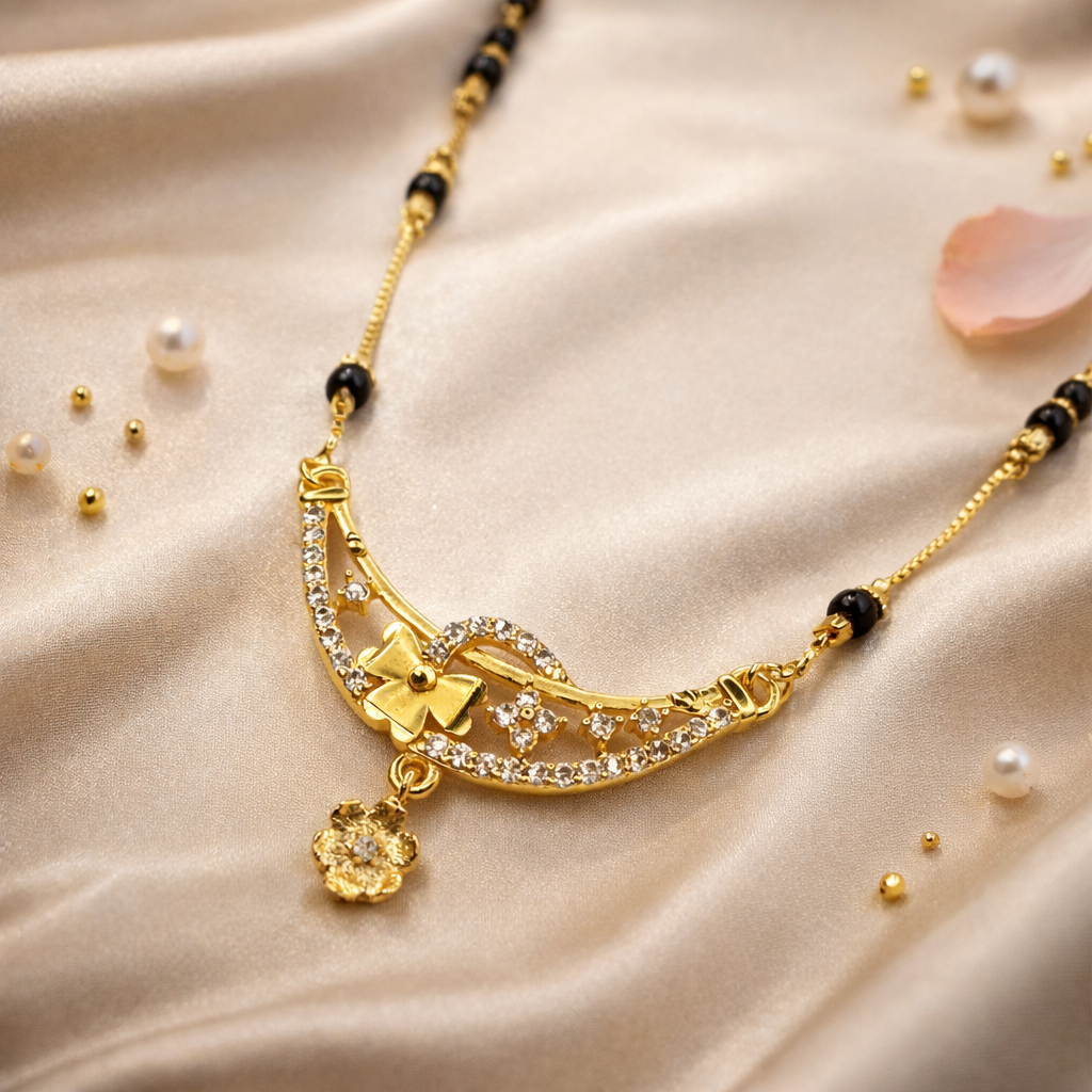 Elegant Short Mangalsutra with Curved Gold Pendant & Crystal Detailing – Modern Black Bead Daily Wear Necklace