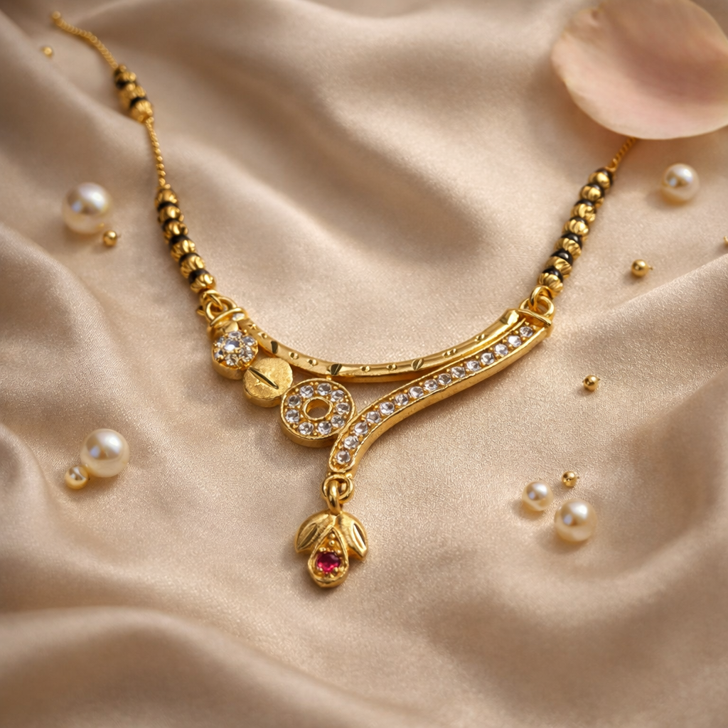 Curved Drop Short Mangalsutra with Crystal Accents – Modern Black Bead Gold Finish Daily Wear Necklace