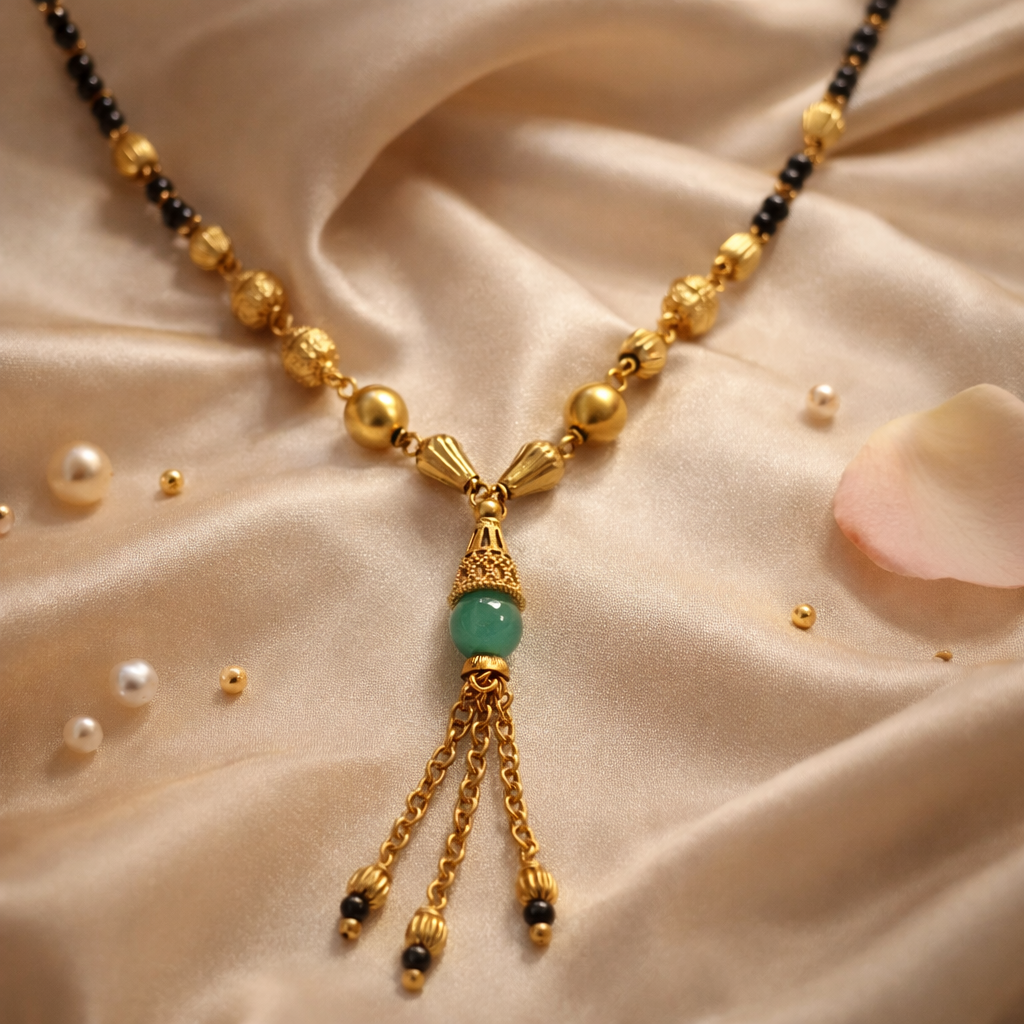 Minimal Gold Finish Short Mangalsutra with Black Beads & Green Tassel Pendant – Daily Wear Modern Mangalsutra Necklace