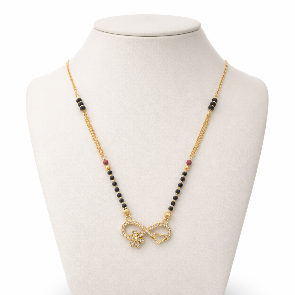 Infinity Heart Short Mangalsutra with Crystal Studded Pendant – Modern Black Bead Gold Finish Daily Wear Necklace