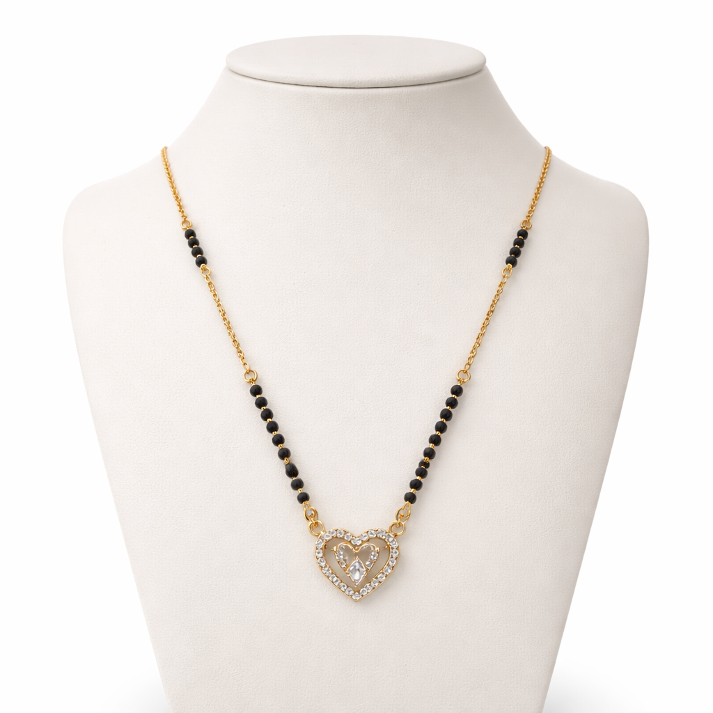 Crystal Heart Short Mangalsutra with Gold Finish – Modern Black Bead Daily Wear Necklace