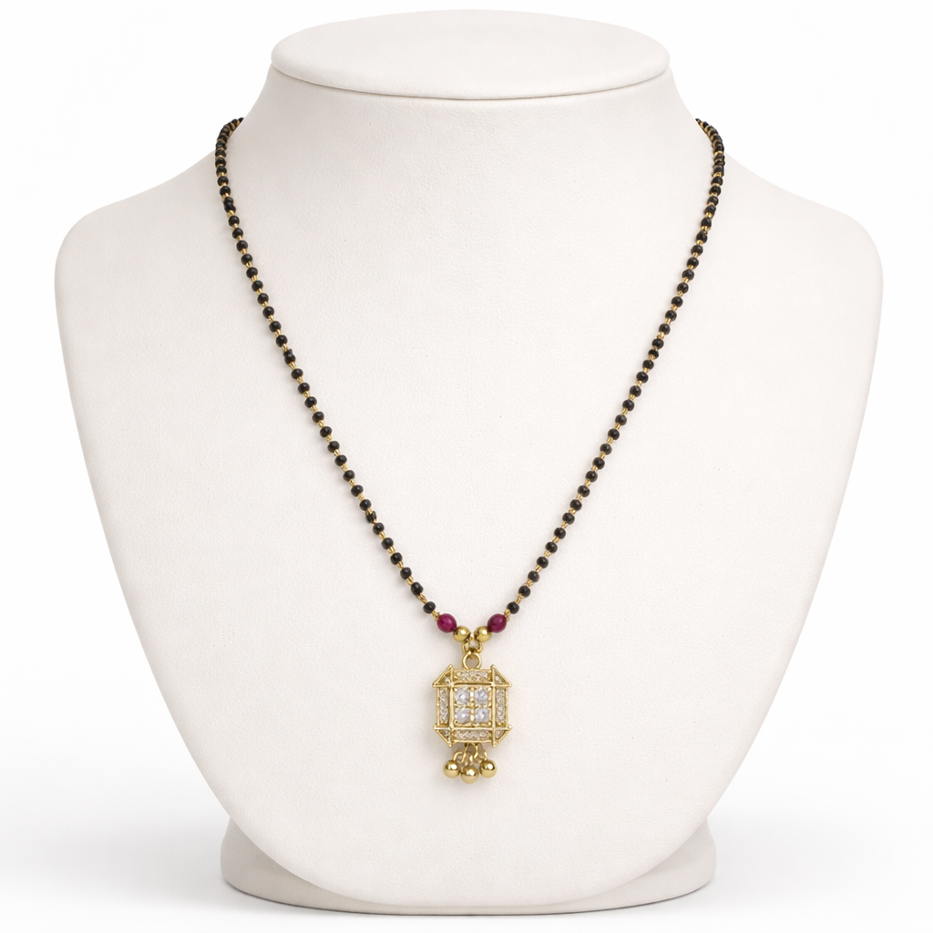 Square Frame Short Mangalsutra with Crystal Center – Modern Black Bead Gold Finish Daily Wear Necklace