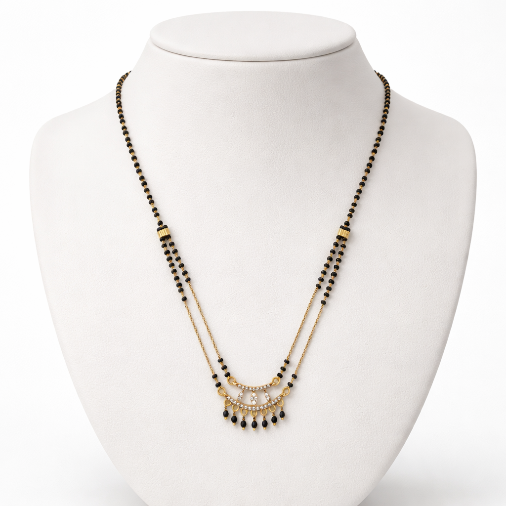 Modern Short Mangalsutra Necklace with Dual Black Beads & Curved Crystal Pendant – Elegant Daily Wear Gold Finish Design