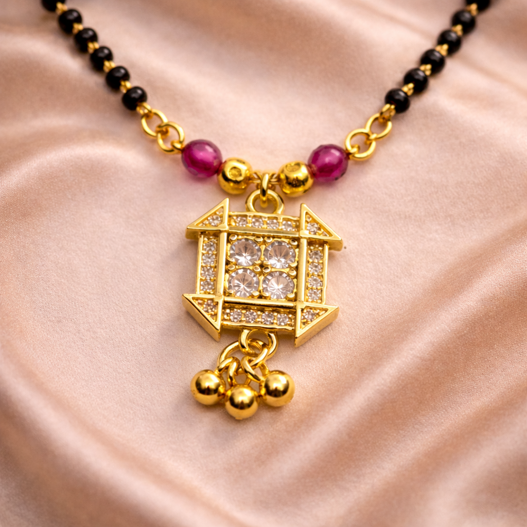 Square Frame Short Mangalsutra with Crystal Center – Modern Black Bead Gold Finish Daily Wear Necklace