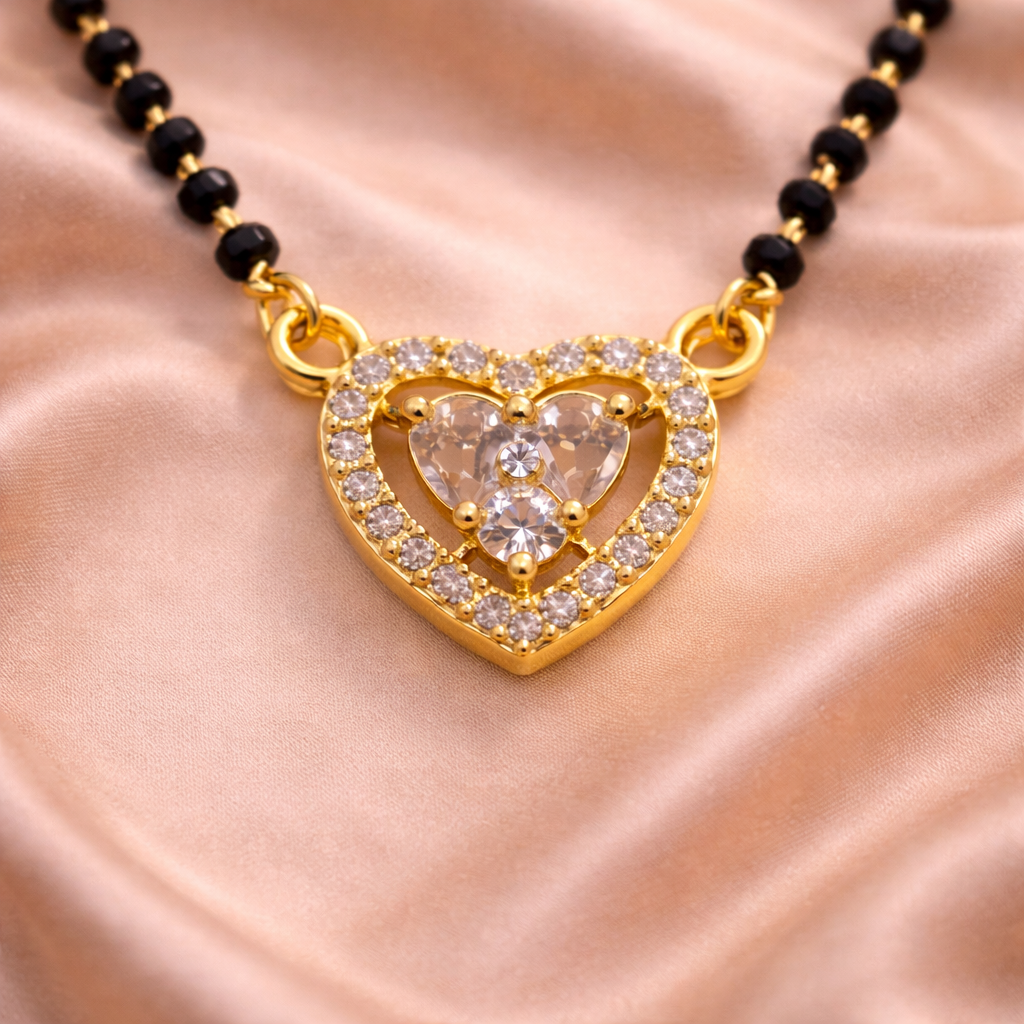 Crystal Heart Short Mangalsutra with Gold Finish – Modern Black Bead Daily Wear Necklace