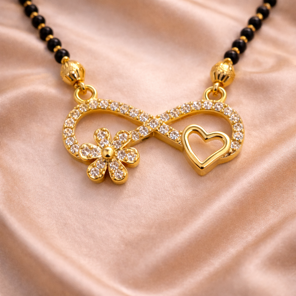 Infinity Heart Short Mangalsutra with Crystal Studded Pendant – Modern Black Bead Gold Finish Daily Wear Necklace