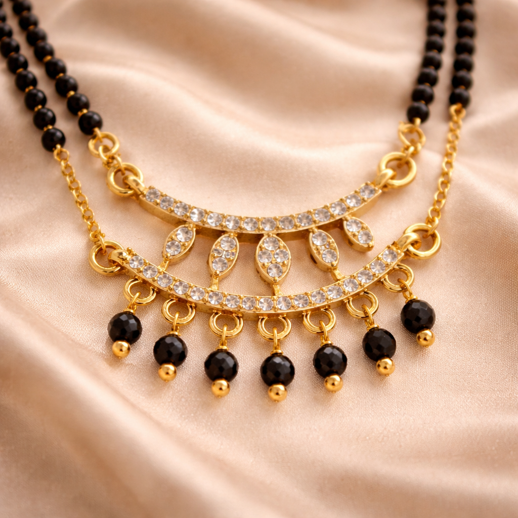 Modern Short Mangalsutra Necklace with Dual Black Beads & Curved Crystal Pendant – Elegant Daily Wear Gold Finish Design