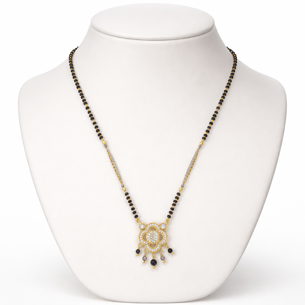 Floral Drop Short Mangalsutra with Crystal Detailing – Modern Black Bead Gold Finish Daily Wear Necklace
