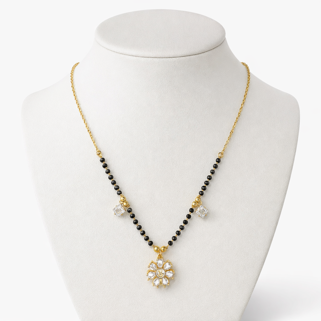 Crystal Flower Short Mangalsutra with Gold Finish – Modern Black Bead Daily Wear Necklace