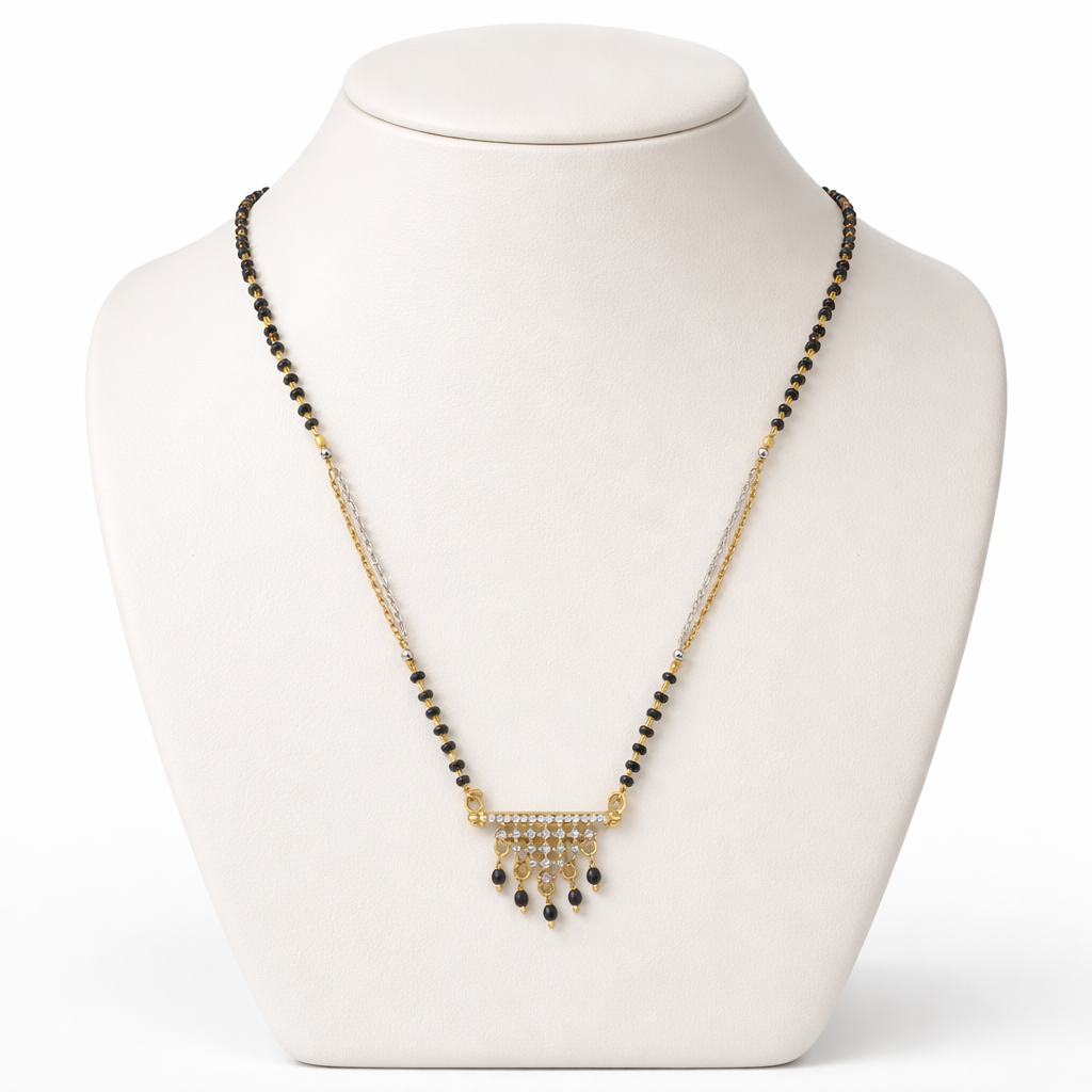 Crystal Bar Short Mangalsutra with Dangling Beads – Modern Black Bead Gold Finish Daily Wear Necklace