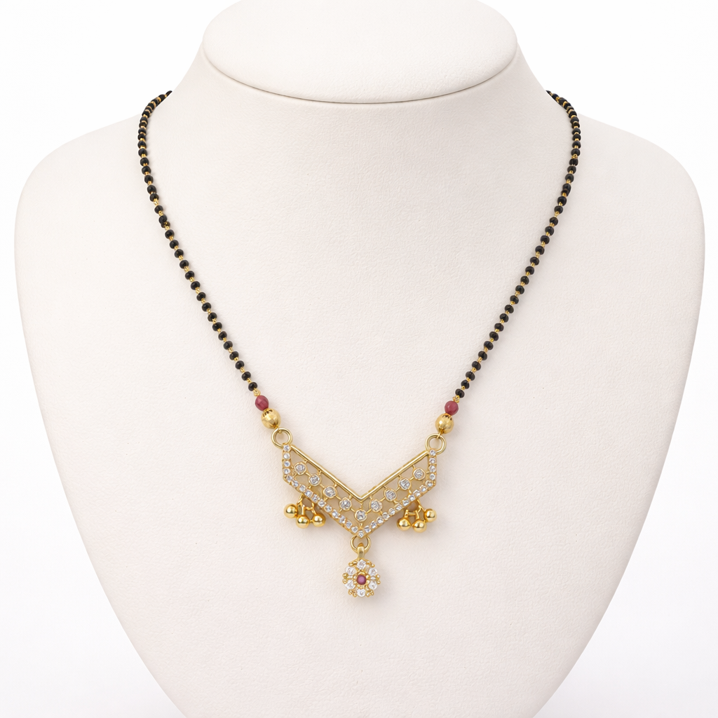 V-Shaped Crystal Short Mangalsutra with Gold Bead Drops – Elegant Black Bead Daily Wear Necklace