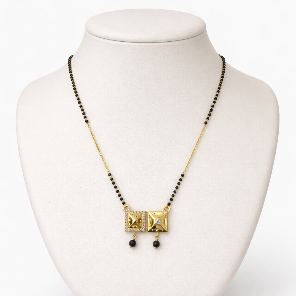 Square Twin Pendant Short Mangalsutra with Crystal Accents – Modern Black Bead Gold Finish Daily Wear Necklace